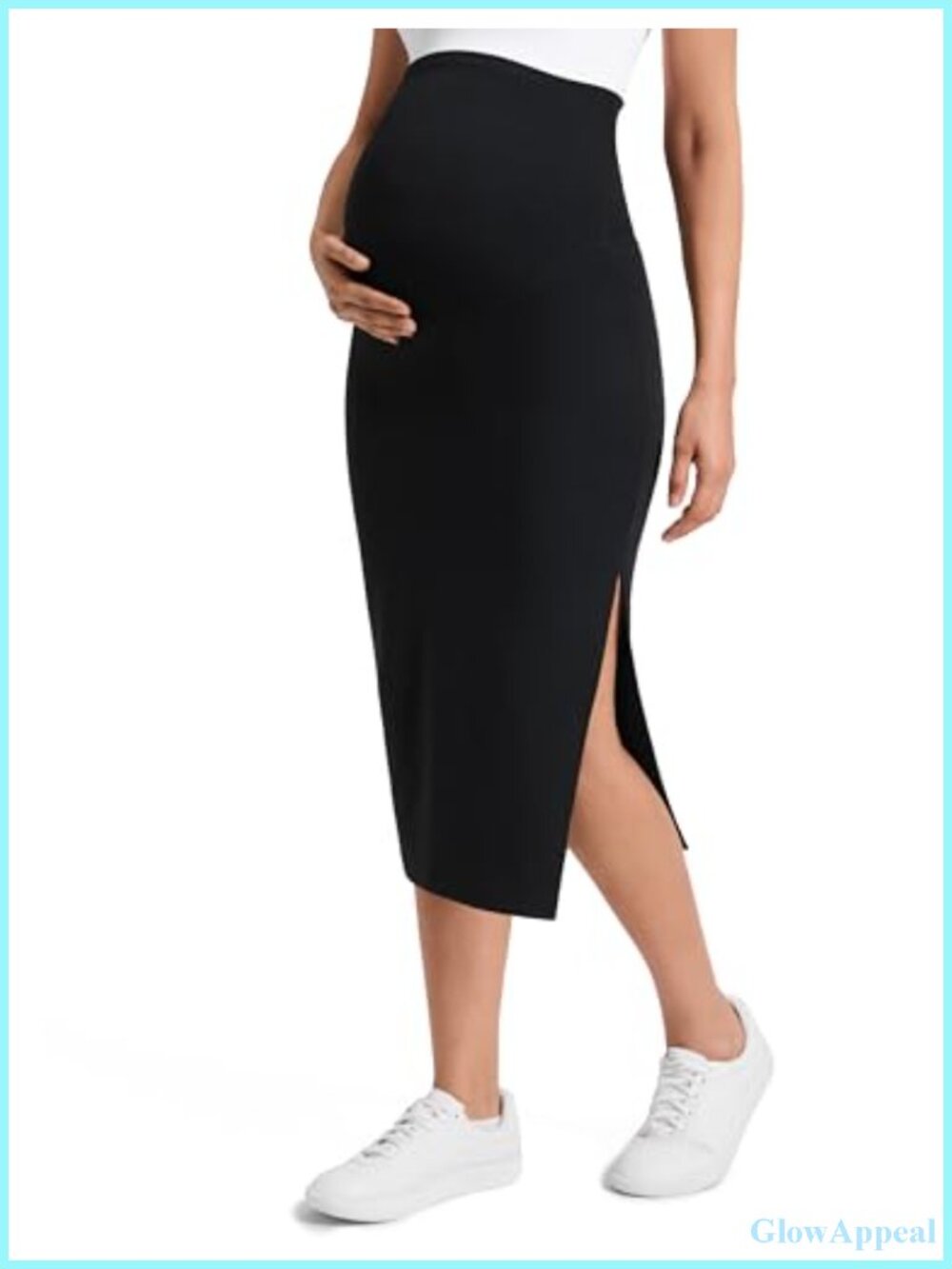 Maternity Midi Pencil Skirt High Waist Side Slit Stretchy Comfort